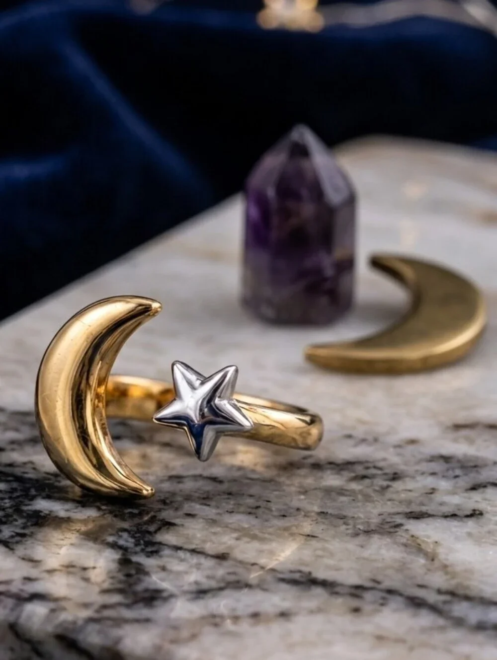 Two-Tone Moon Star Celestial Ring 18K Gold Plated Stainless Steel Adjustable 7-9